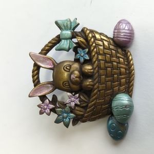 Vintage JJ Jonette Jewelry Easter Rabbit Eggs Basket Brooch Pin
